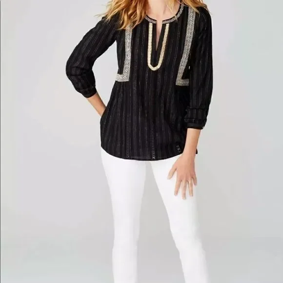 J Jill Peasant Blouse XS Black White Stripe Lace - Picture 13 of 14